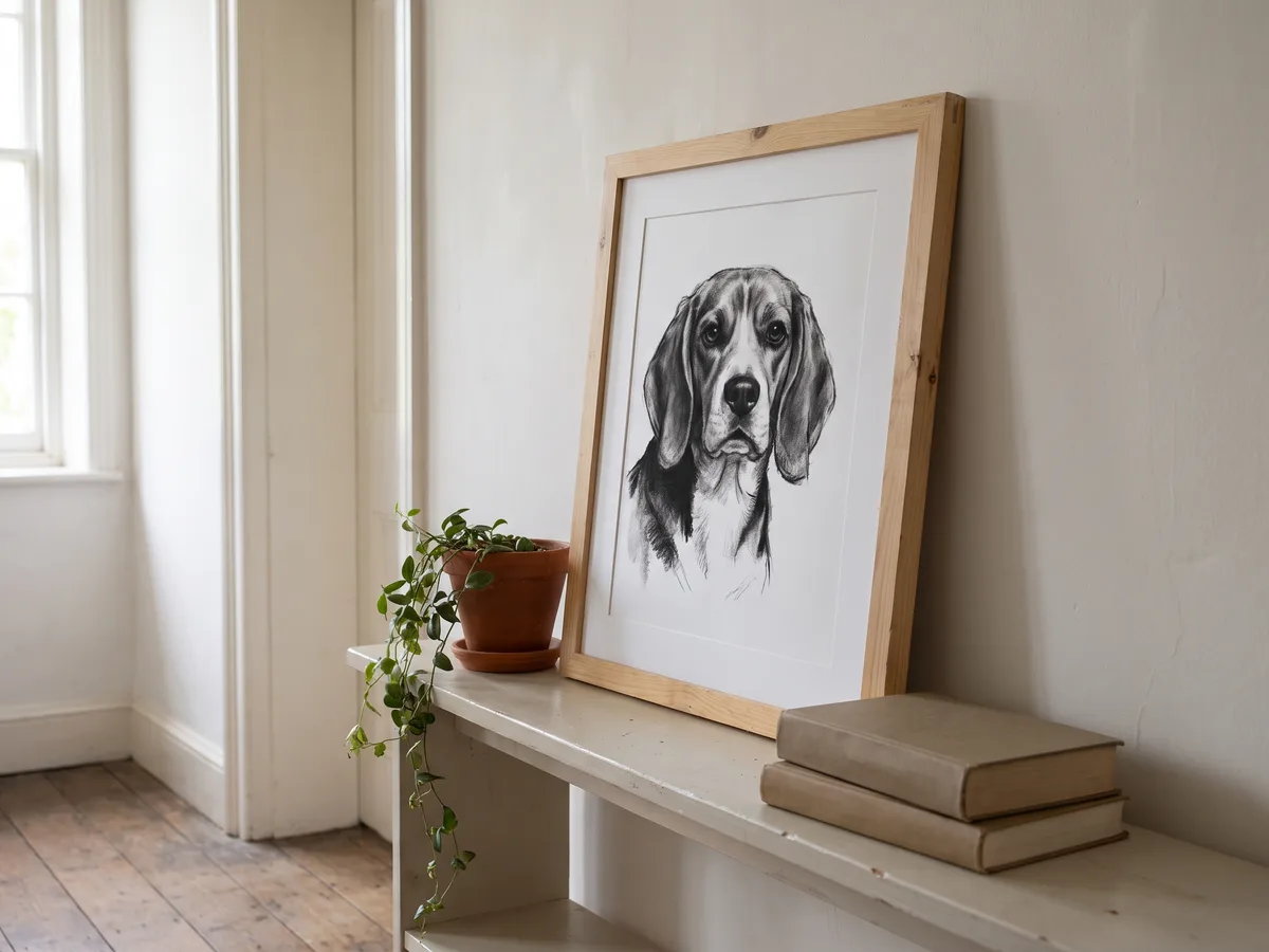 A charcoal drawing of a beagle printed on matte paper, propped in a plain pine frame the customer already owned on a painted shelf beside a window