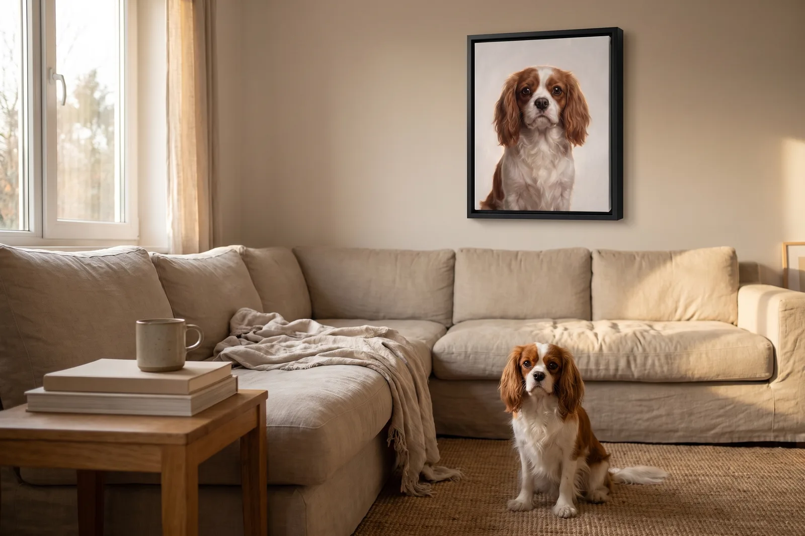 A Cavalier King Charles spaniel sitting on a living room rug below its own portrait: the same dog, now seen as art, framed on the wall as a canvas in a black float frame